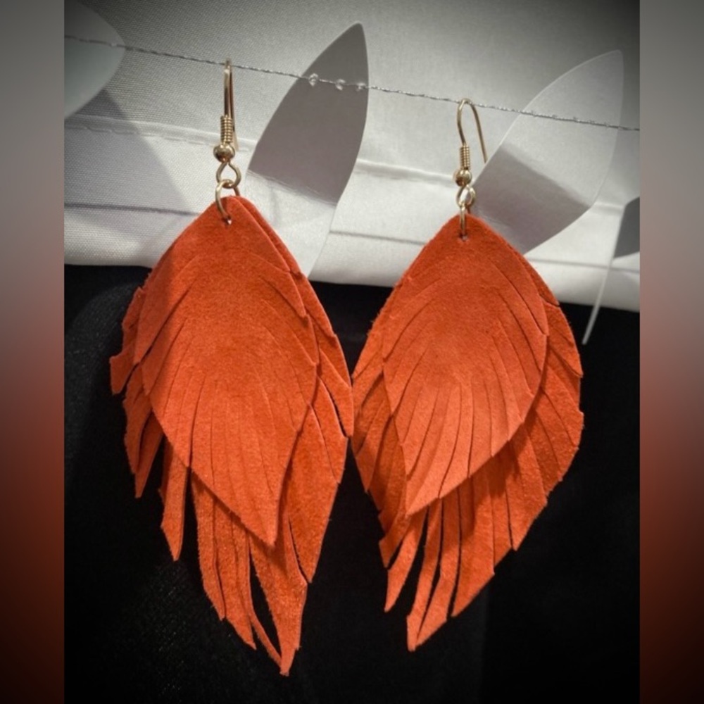 Genuine Leather Fringe Suede Orange Dangle Earrings